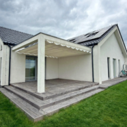Pergola Zen sufitowa ze sterowaniem elektrycznym Pergola tkaninowa Zen, pergola rzymska, pergola sufitowa w betonowej opasce, sterowana elektrycznie systemem Somfy, Spin Szczecin